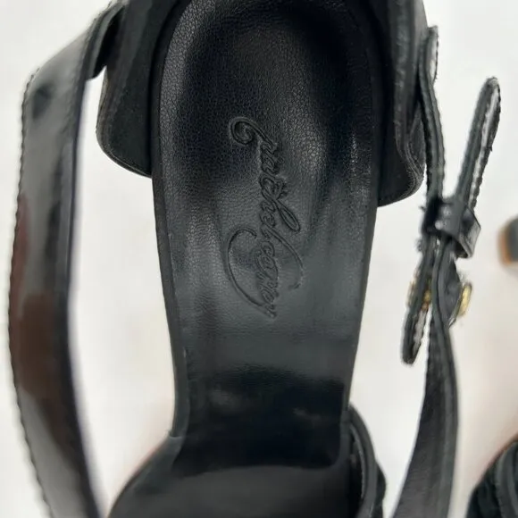 RACHEL COMEY Black Leather Ruffle Ankle Strap Peep Toe Heels Shoes Size 8.5