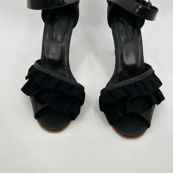 RACHEL COMEY Black Leather Ruffle Ankle Strap Peep Toe Heels Shoes Size 8.5