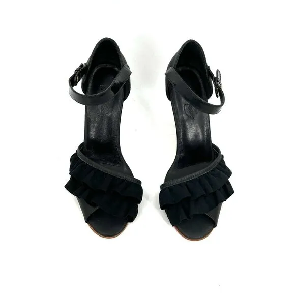 RACHEL COMEY Black Leather Ruffle Ankle Strap Peep Toe Heels Shoes Size 8.5