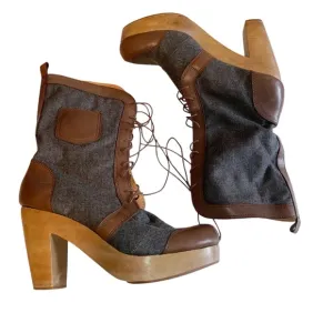 Rachel Comey Boots Womens Size 10 Platform Heels Leather Wool Patch Lace up