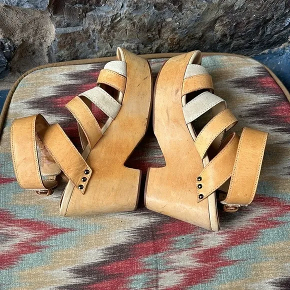 RAG &amp; BONE $395 Addington SANDALS Leather Wooden Platform HEELS Brown Sz 11 US