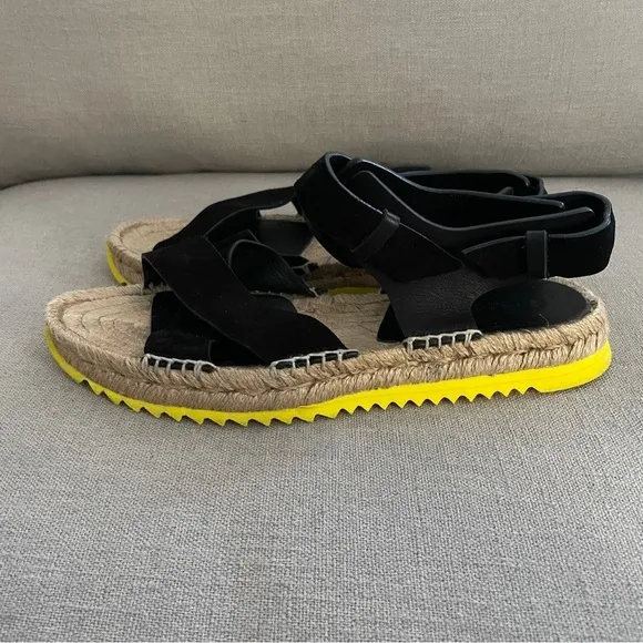 Rag &amp; Bone Brie Giza Espadrille Sandals Black Leather Yellow Sole Women’s 37 7