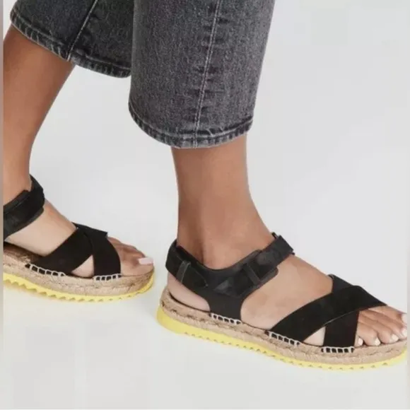 Rag &amp; Bone Brie Giza Espadrille Sandals Black Leather Yellow Sole Women’s 37 7
