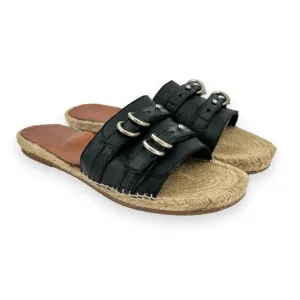 Rag &amp; Bone Jules Black Beige Leather Buckle Flat Slide Espadrille Sandals Slides