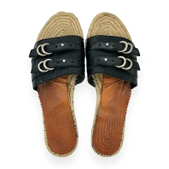 Rag &amp; Bone Jules Black Beige Leather Buckle Flat Slide Espadrille Sandals Slides