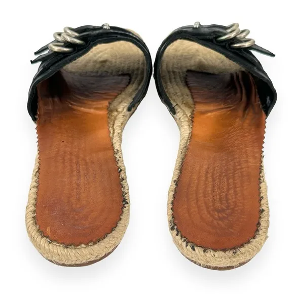 Rag &amp; Bone Jules Black Beige Leather Buckle Flat Slide Espadrille Sandals Slides