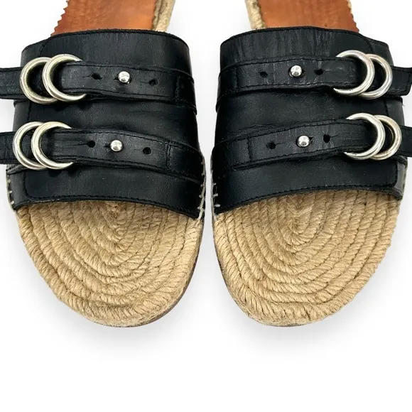 Rag &amp; Bone Jules Black Beige Leather Buckle Flat Slide Espadrille Sandals Slides