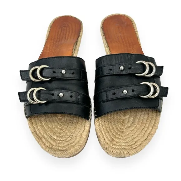 Rag &amp; Bone Jules Black Beige Leather Buckle Flat Slide Espadrille Sandals Slides