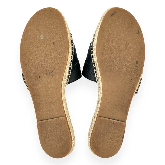 Rag &amp; Bone Jules Black Beige Leather Buckle Flat Slide Espadrille Sandals Slides