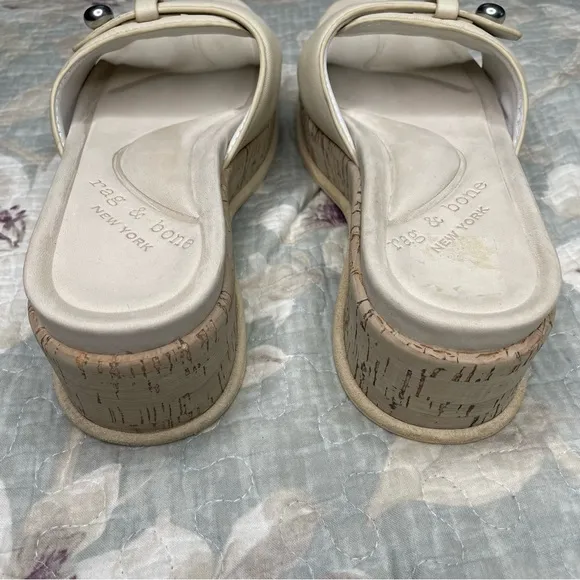 Rag &amp; Bone Sommer Oyster Grey Cream Leather Cork Platform Wedge Slide‎ Sandals
