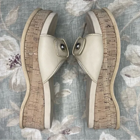 Rag &amp; Bone Sommer Oyster Grey Cream Leather Cork Platform Wedge Slide‎ Sandals