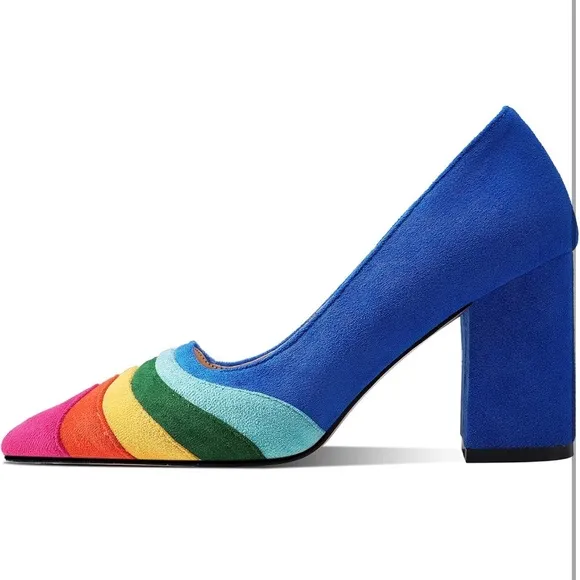 Rainbow Chunky Heel Pumps Pointed Toe Suede Multicolor High Heels 3” Slip On