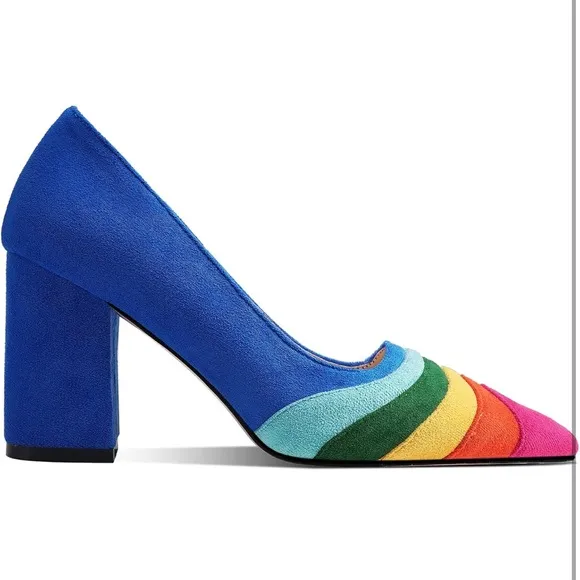 Rainbow Chunky Heel Pumps Pointed Toe Suede Multicolor High Heels 3” Slip On