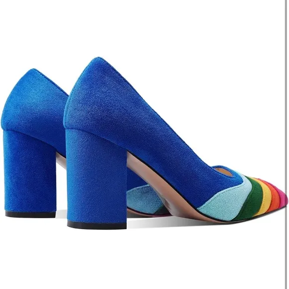 Rainbow Chunky Heel Pumps Pointed Toe Suede Multicolor High Heels 3” Slip On