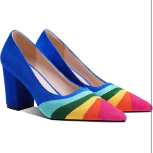 Rainbow Chunky Heel Pumps Pointed Toe Suede Multicolor High Heels 3” Slip On