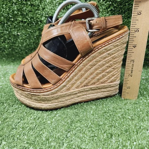 Ralph Lauren Purple Label Espadrille Wedge Heel Sandals Brown Leather Womens 8.5