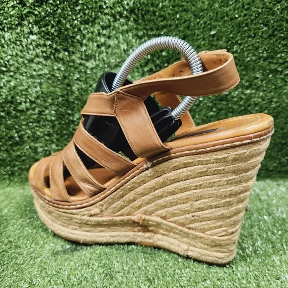 Ralph Lauren Purple Label Espadrille Wedge Heel Sandals Brown Leather Womens 8.5