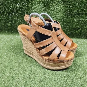 Ralph Lauren Purple Label Espadrille Wedge Heel Sandals Brown Leather Womens 8.5