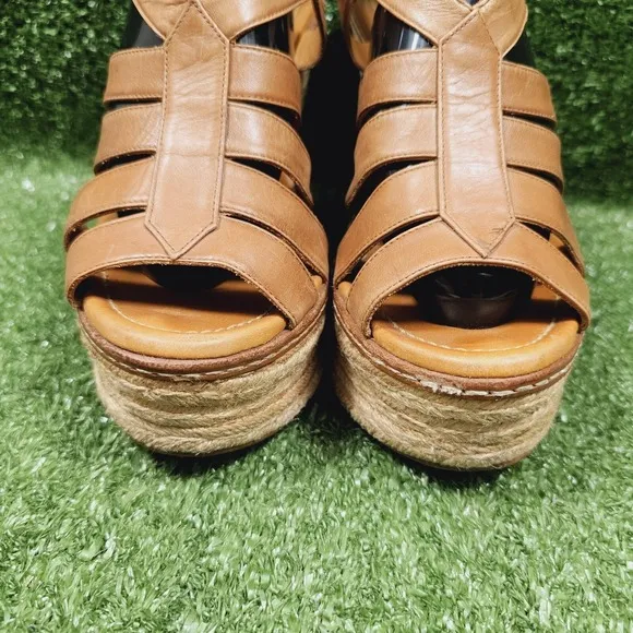 Ralph Lauren Purple Label Espadrille Wedge Heel Sandals Brown Leather Womens 8.5