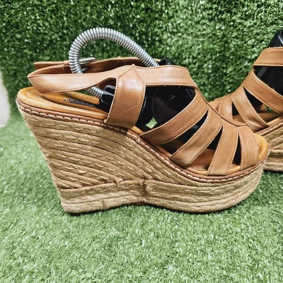 Ralph Lauren Purple Label Espadrille Wedge Heel Sandals Brown Leather Womens 8.5