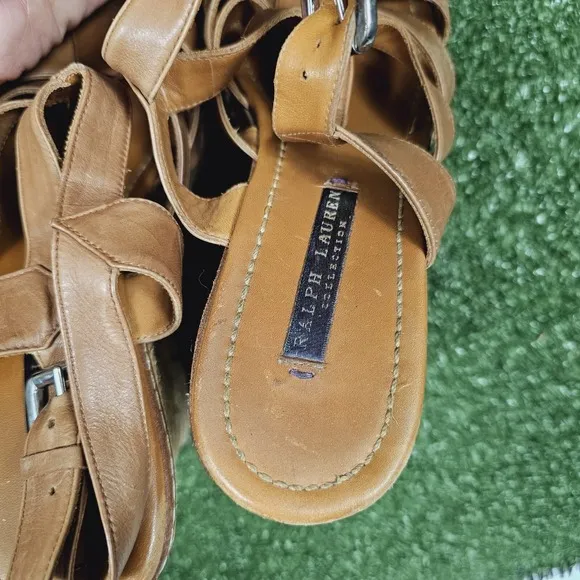 Ralph Lauren Purple Label Espadrille Wedge Heel Sandals Brown Leather Womens 8.5