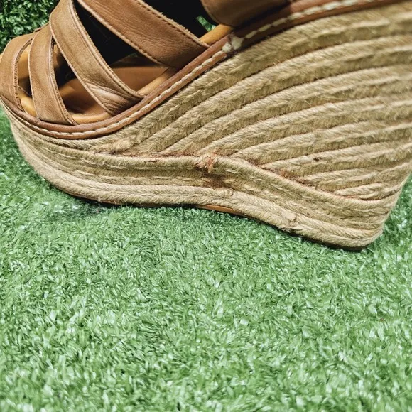 Ralph Lauren Purple Label Espadrille Wedge Heel Sandals Brown Leather Womens 8.5