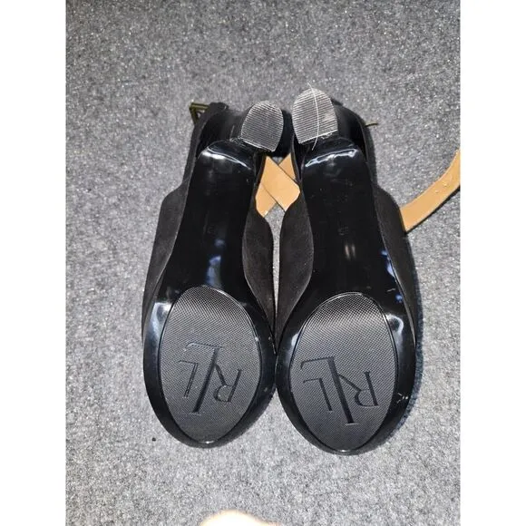 Ralph Lauren Women's 8B Seleste Suede Black Sling Back Peep Toe 4&quot; Heels Shoes