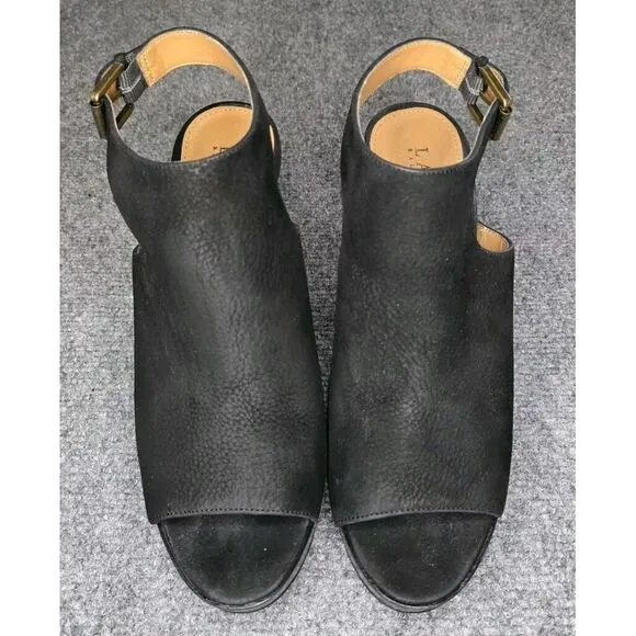 Ralph Lauren Women's 8B Seleste Suede Black Sling Back Peep Toe 4&quot; Heels Shoes