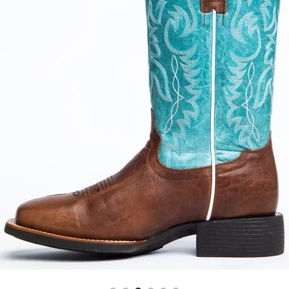 Rank 45Brown and Blue Heeled Boots with Western Design