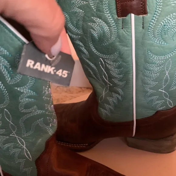 Rank 45Brown and Blue Heeled Boots with Western Design