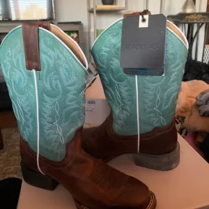 Rank 45Brown and Blue Heeled Boots with Western Design