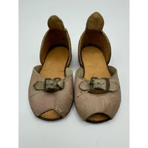 Rare Antique Children's Leather Shoes Peep Toe Buckle Strap‎ Aged Patina 5&quot;