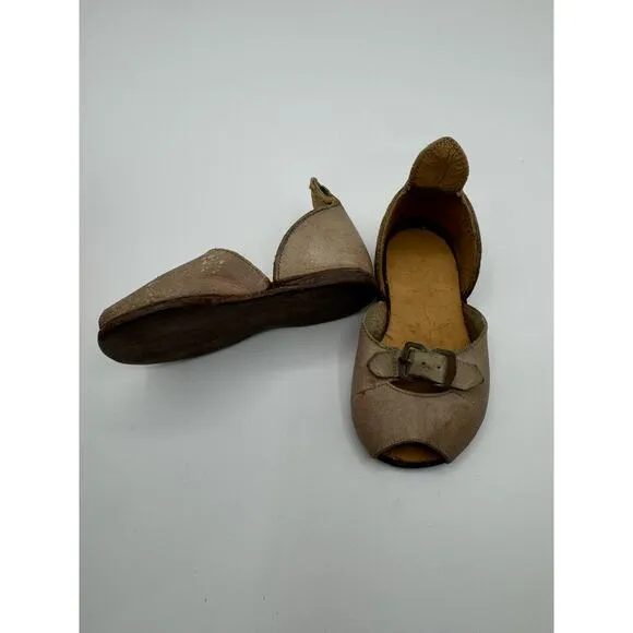 Rare Antique Children's Leather Shoes Peep Toe Buckle Strap‎ Aged Patina 5&quot;