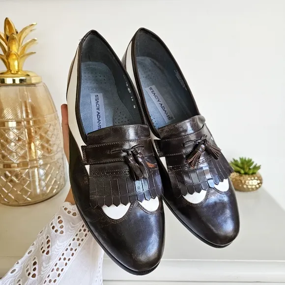 Rare Vintage Stacy Adams Dark Brown &amp; White Genuine Leather Brogue Oxfords Sz 12