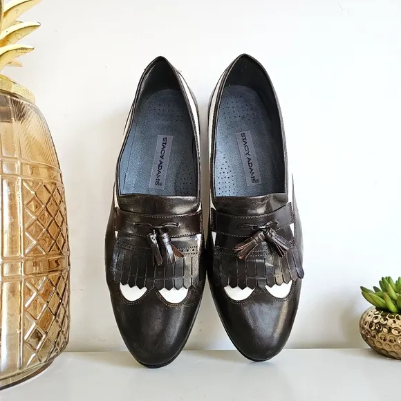 Rare Vintage Stacy Adams Dark Brown &amp; White Genuine Leather Brogue Oxfords Sz 12