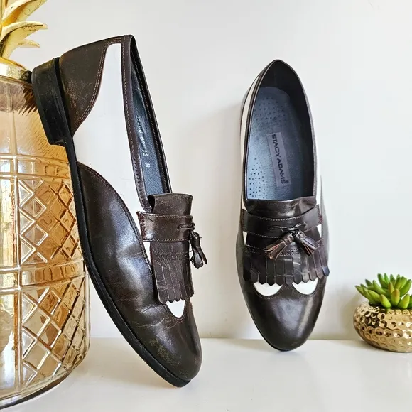 Rare Vintage Stacy Adams Dark Brown &amp; White Genuine Leather Brogue Oxfords Sz 12