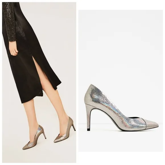 Rare! Zara Metallic Silver Hologram Midi Vegan Leather Pumps 37 6.5