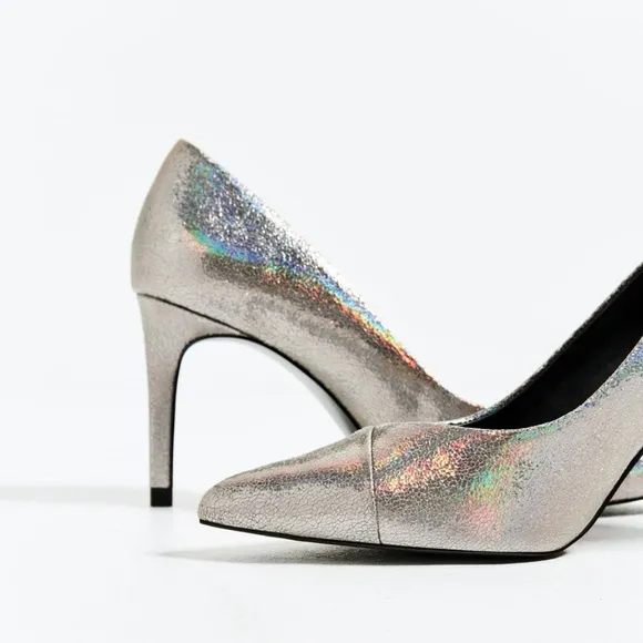 Rare! Zara Metallic Silver Hologram Midi Vegan Leather Pumps 37 6.5