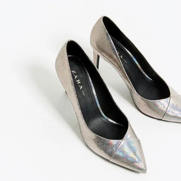 Rare! Zara Metallic Silver Hologram Midi Vegan Leather Pumps 37 6.5