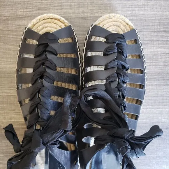 Rebecca Minkoff Leather Gemma Lace-Up Espadrille Sandals Black Size Women's 7.5