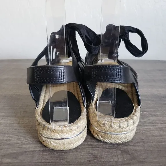 Rebecca Minkoff Leather Gemma Lace-Up Espadrille Sandals Black Size Women's 7.5