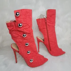 Red boots stiletto heel open toe silver studs.