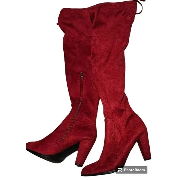 Red Thigh High Boots GEORGEOUS Size 7.5 Suede Feel