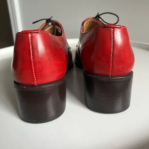 Rene Italy Hand Made Red Leather Block Heel Oxford Shoes 39/8.5-9