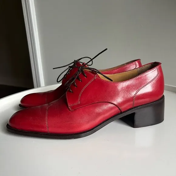 Rene Italy Hand Made Red Leather Block Heel Oxford Shoes 39/8.5-9