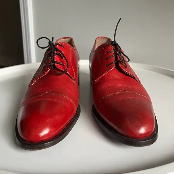 Rene Italy Hand Made Red Leather Block Heel Oxford Shoes 39/8.5-9
