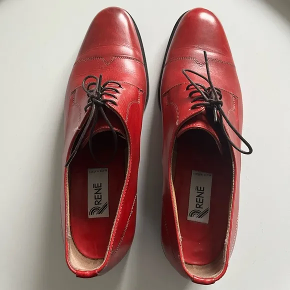 Rene Italy Hand Made Red Leather Block Heel Oxford Shoes 39/8.5-9