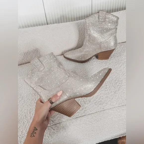 Rhinestone champagne cowboy ankle boot