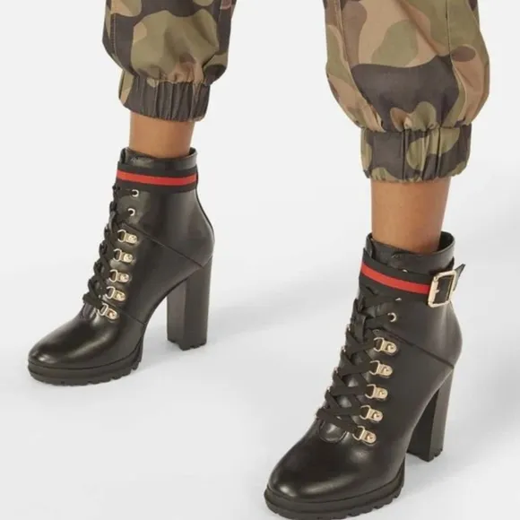 Ribonea Lace-Up Platform Ankle Boot size 10 Black Red belted.