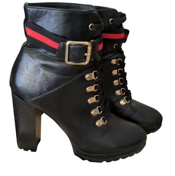 Ribonea Lace-Up Platform Ankle Boot size 10 Black Red belted.